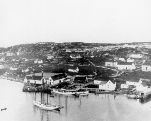 View of buildings owned by Earle Freighting Services at Battle Harbour, Labrador. Previously owned by Slade's.