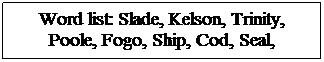 Text Box: Word list: Slade, Kelson, Trinity, Poole, Fogo, Ship, Cod, Seal, 
