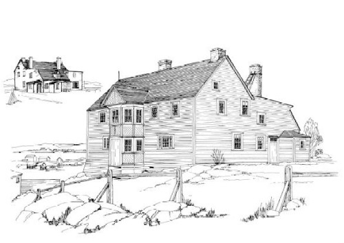 A sketch of the front and rear of the Bleak house. This house was built around 1816 for John Slade in Fogo, Newfoundland, Canada.